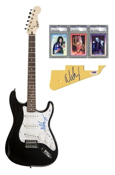 Alice Cooper Autographed Lot of (5): Signed Guitar, 3 Trading Cards & Pickguard (PSA/DNA)